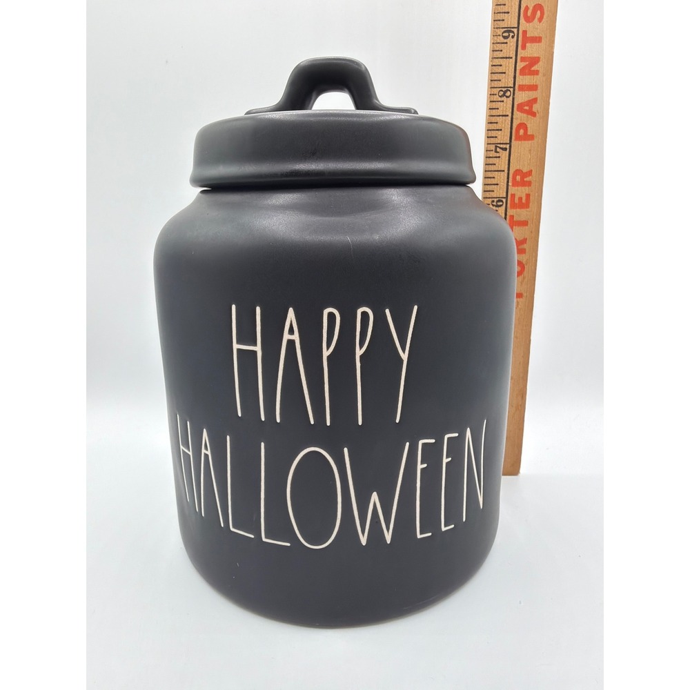 Rae Dunn HAPPY HALLOWEEN Black Canister Large Ceramic Jar Long Letter